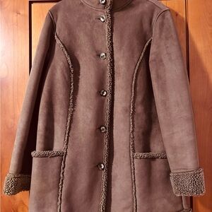 LL Bean Brown Sherpa Lined Suede Coat Button Up Mid-Length Jacket Medium.